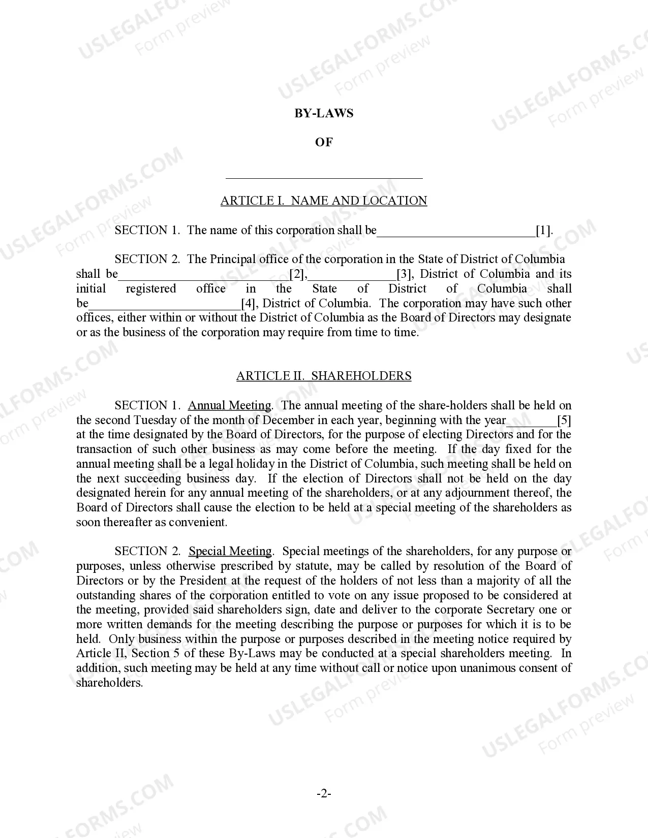 Preview District of Columbia Bylaws for Corporation