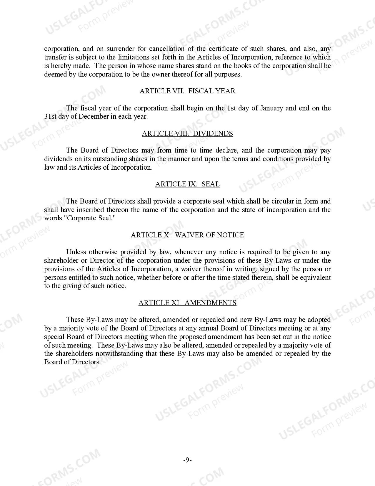 Preview District of Columbia Bylaws for Corporation