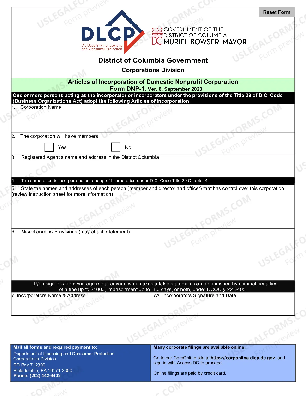 Preview District of Columbia Articles of Incorporation Certificate - Domestic Nonprofit Corporation