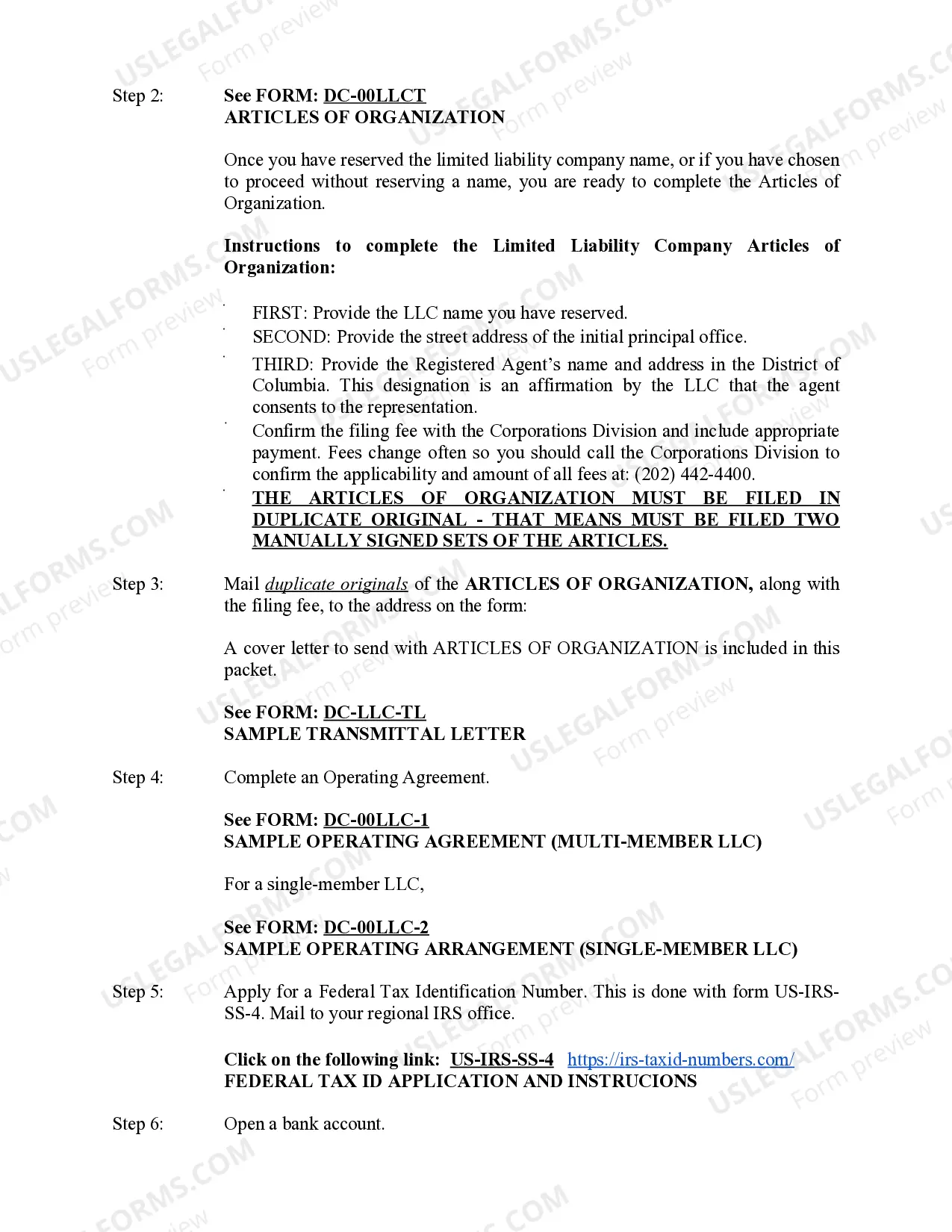 Preview District of Columbia Limited Liability Company LLC Formation Package