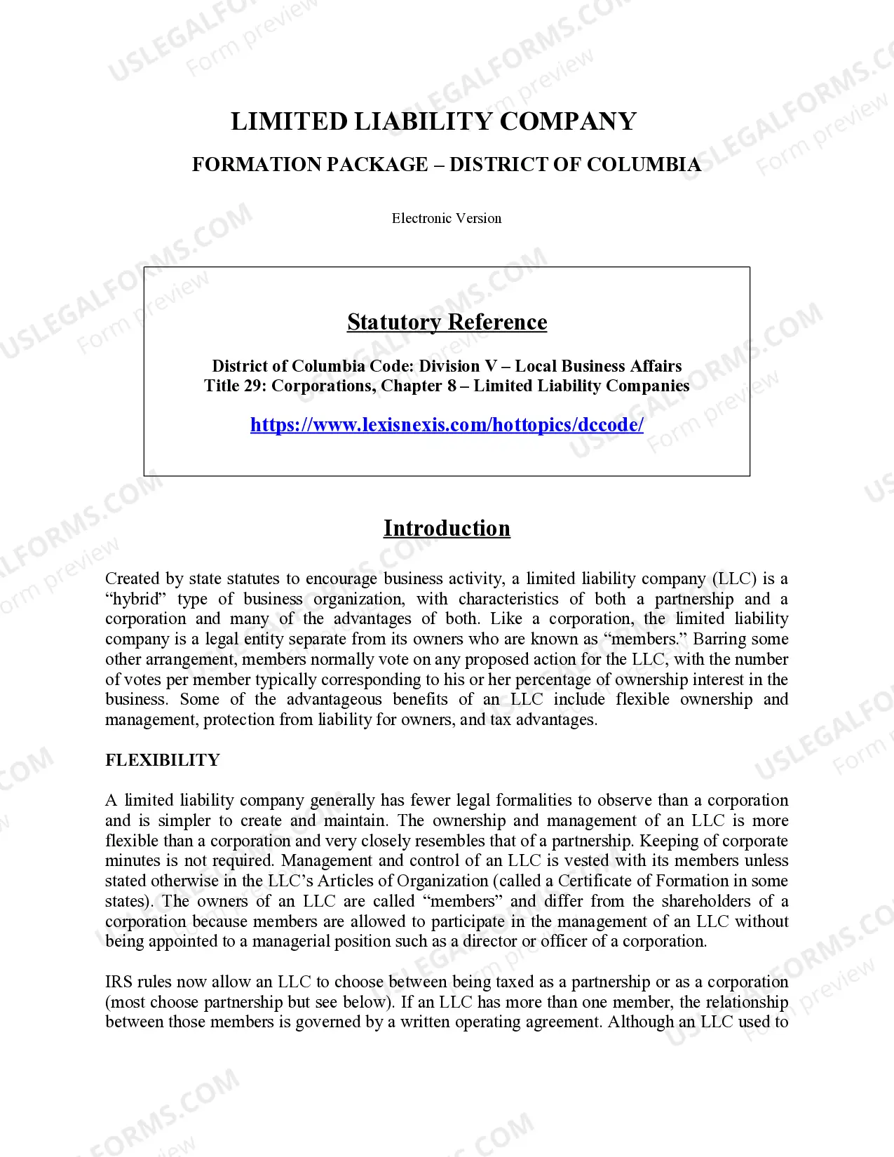 Preview District of Columbia Limited Liability Company LLC Formation Package