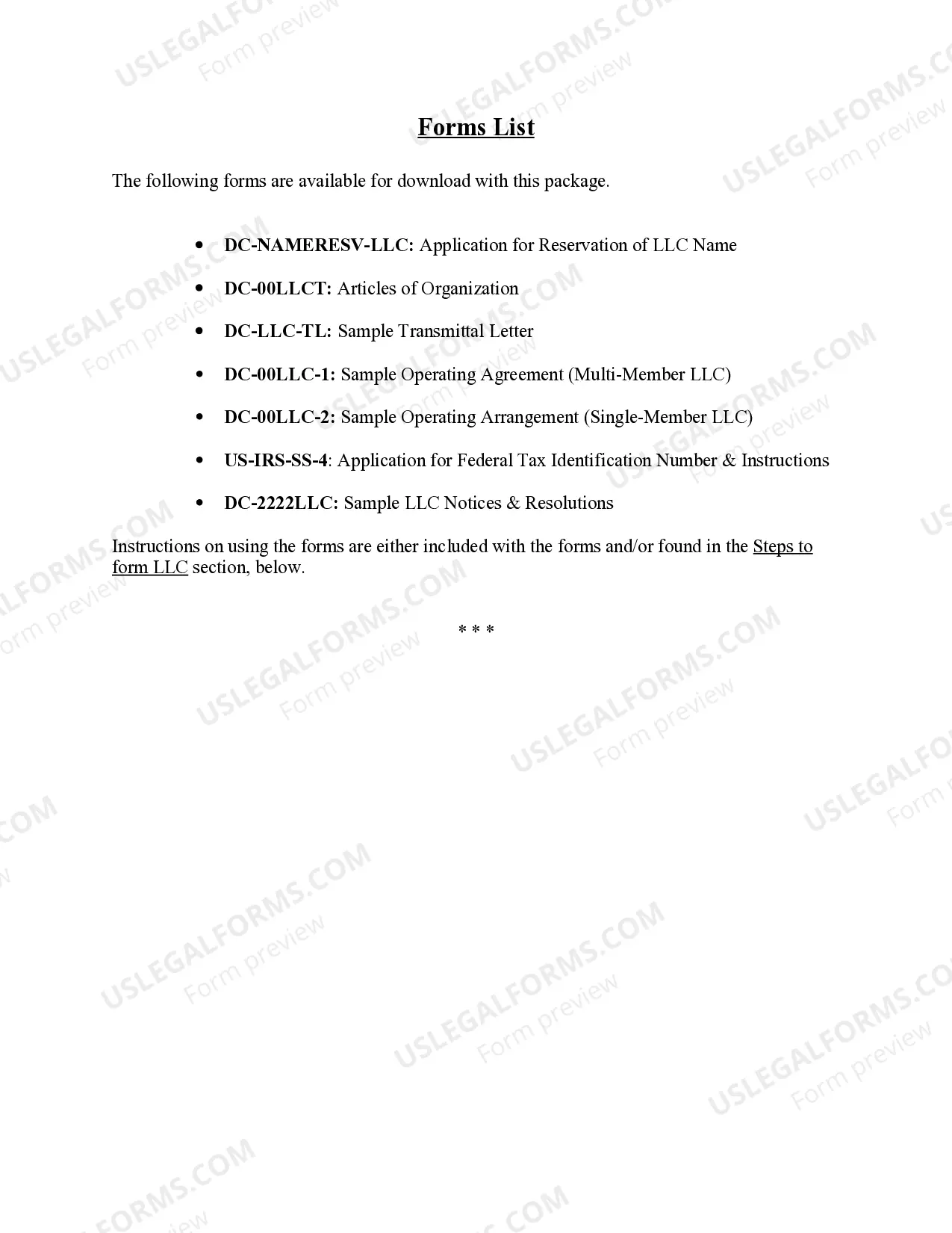 Preview District of Columbia Limited Liability Company LLC Formation Package