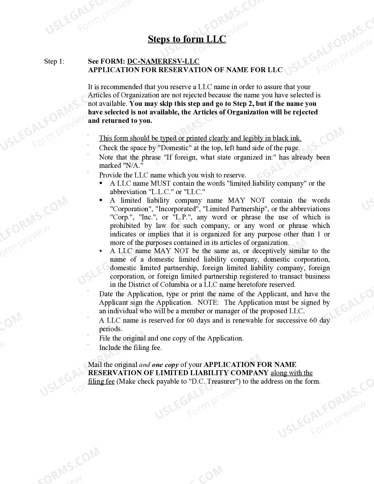 Preview District of Columbia Limited Liability Company LLC Formation Package