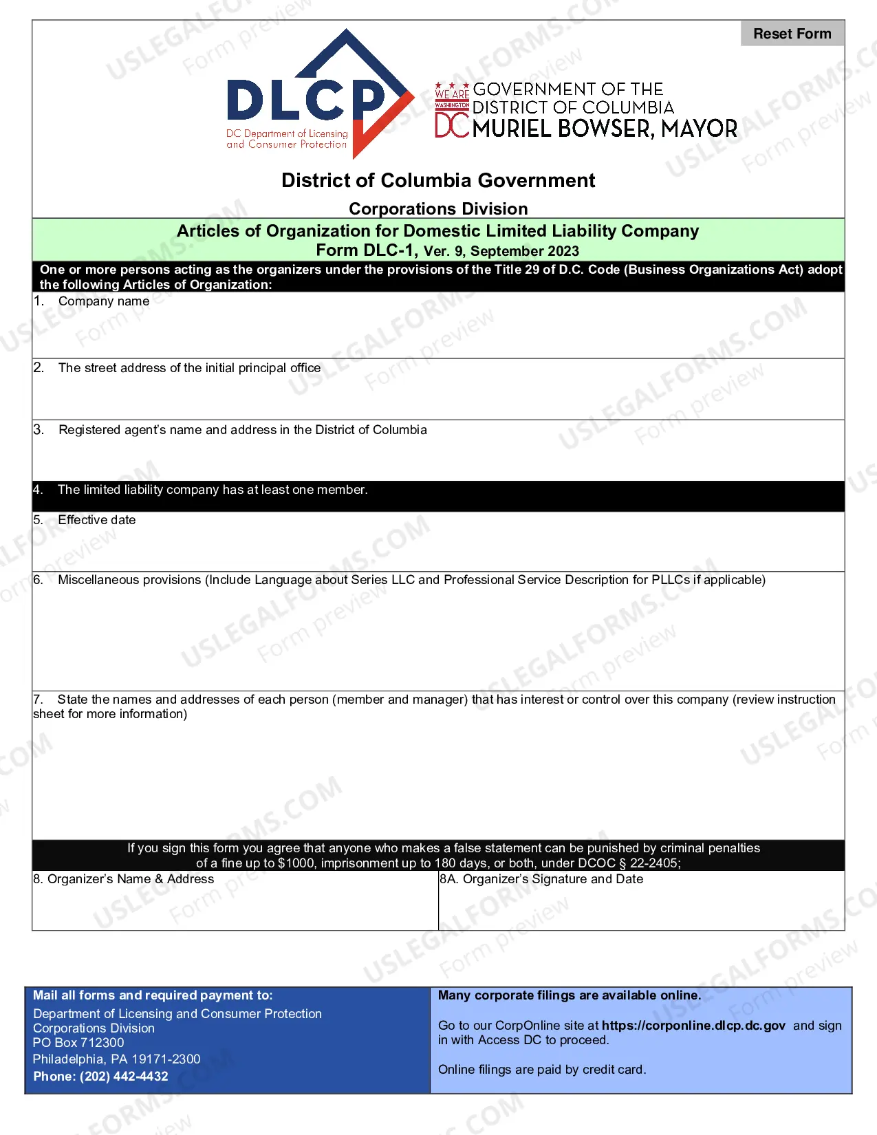 Preview District of Columbia Certificate of Formation for Domestic Limited Liability Company LLC