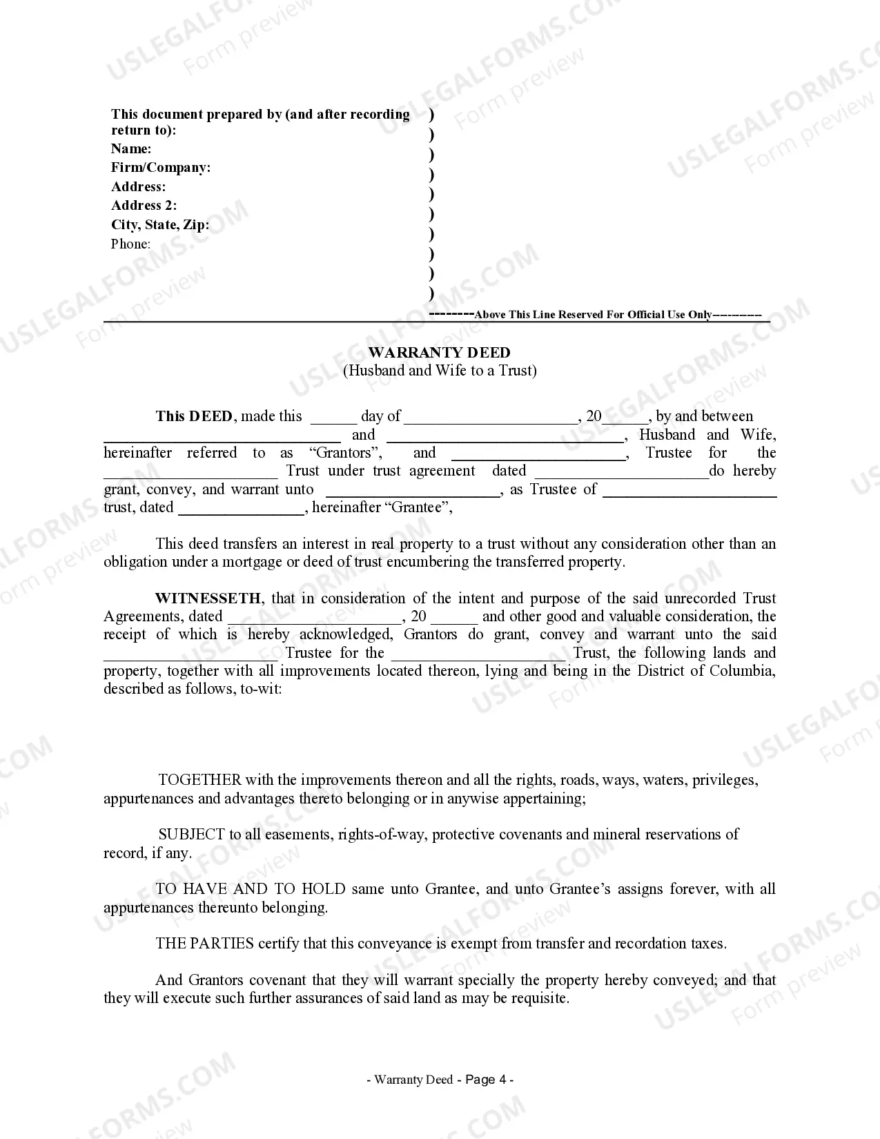 Preview Warranty Deed from Husband and Wife to a Trust