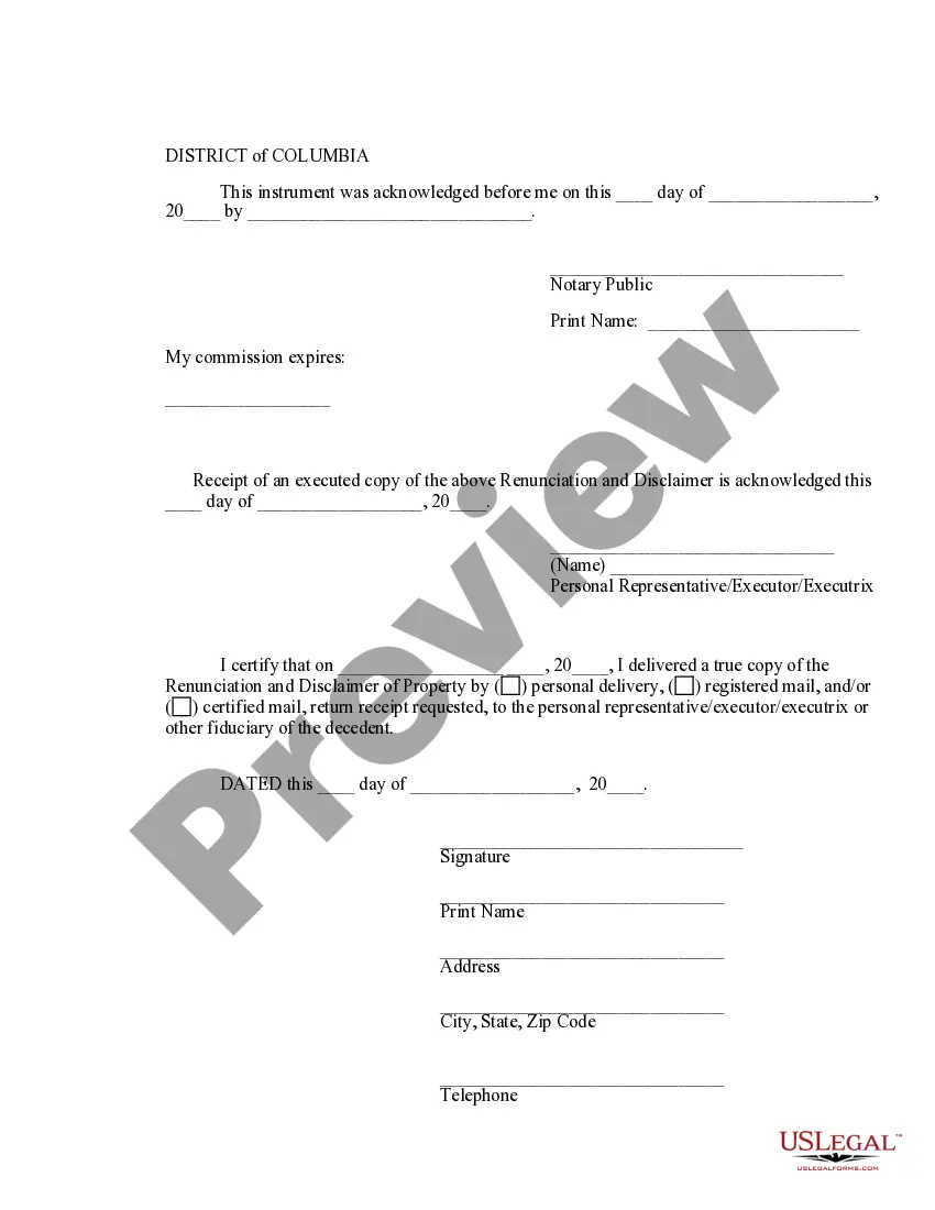 Preview District of Columbia Renunciation And Disclaimer of Property from Will by Testate
