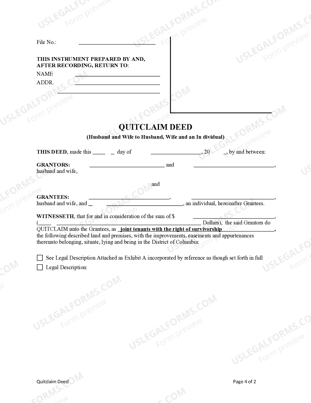 Preview Quitclaim Deed from Husband and Wife to Husband, Wife and an Individual.
