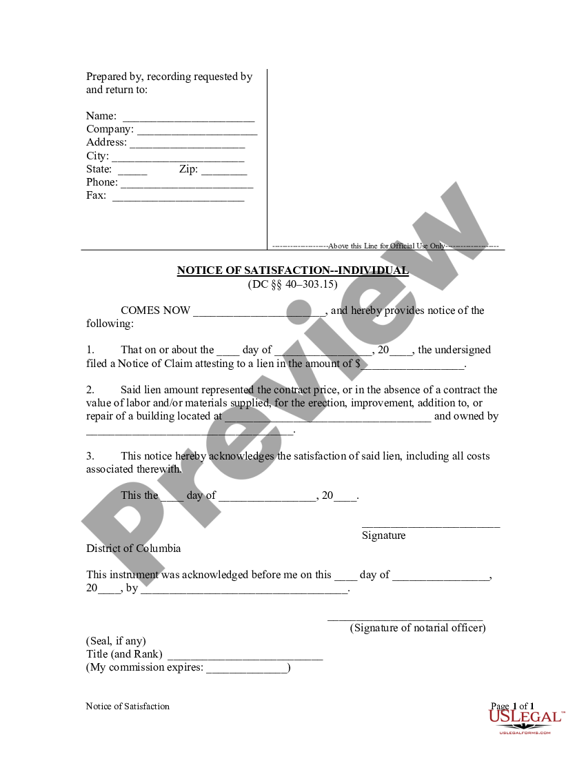 District Of Columbia Notice Of Satisfaction Individual District Of Columbia Lien Waiver Form 8999