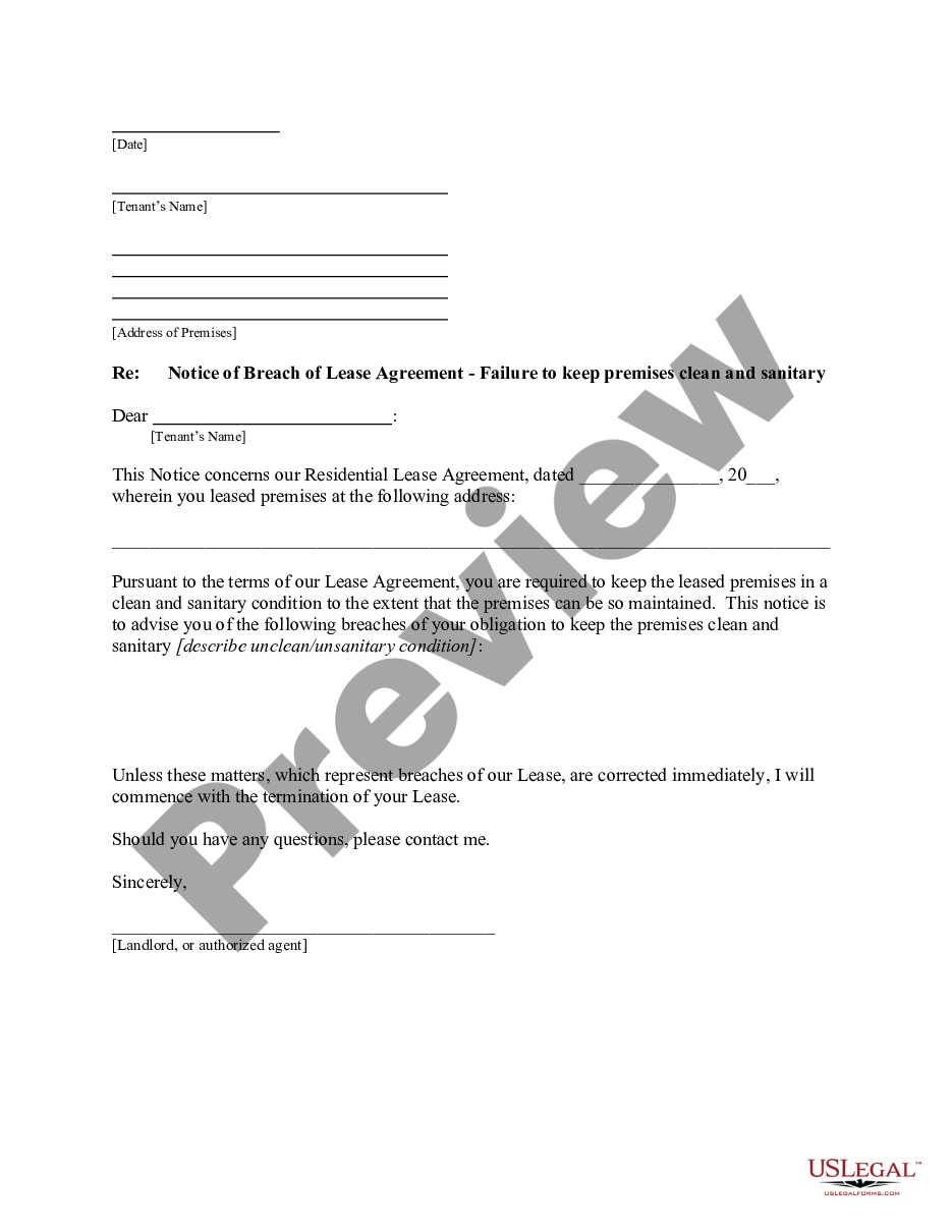 form Letter from Landlord to Tenant for Failure to keep premises as clean and safe as condition of premises permits - Remedy or lease terminates preview