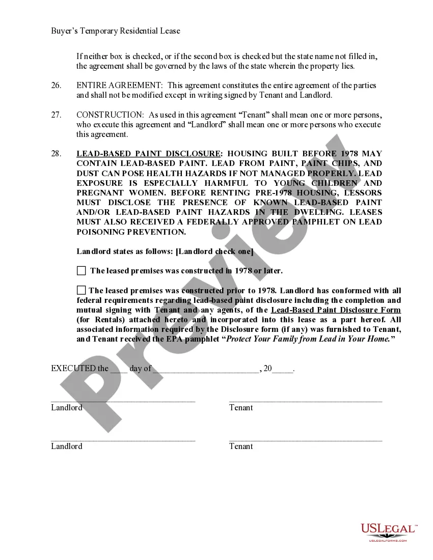 Preview Temporary Lease Agreement to Prospective Buyer of Residence prior to Closing