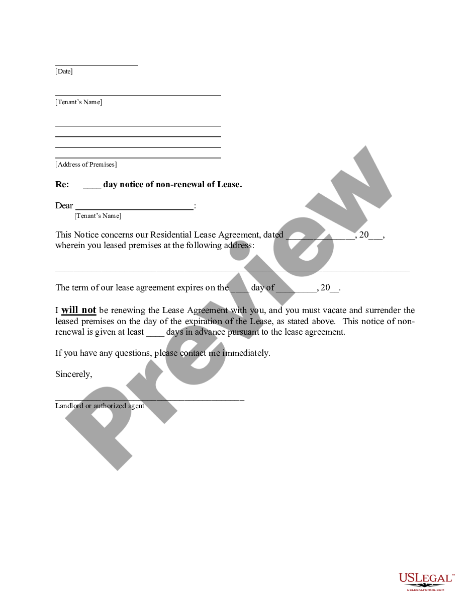 page 0 Letter from Landlord to Tenant with 30 day notice of Expiration of Lease and Nonrenewal by landlord - Vacate by expiration preview