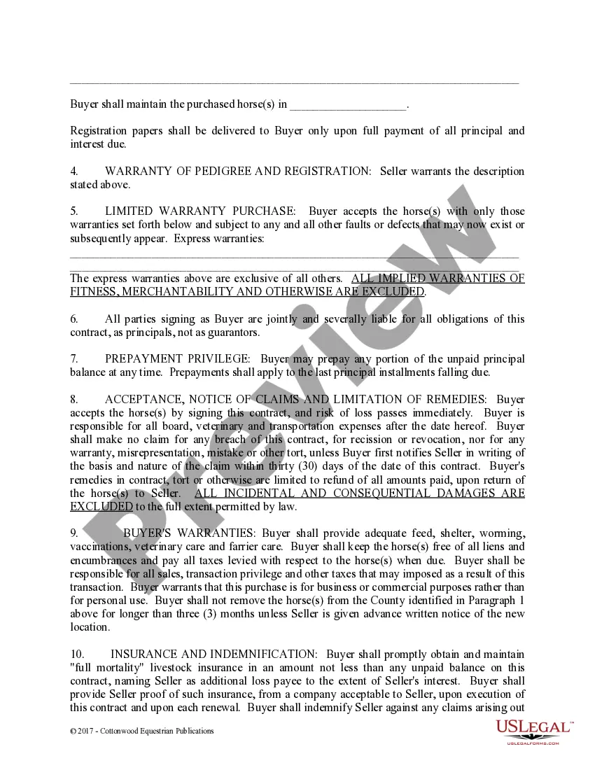Preview Installment Purchase and Security Agreement With Limited Warranties - Horse Equine Forms
