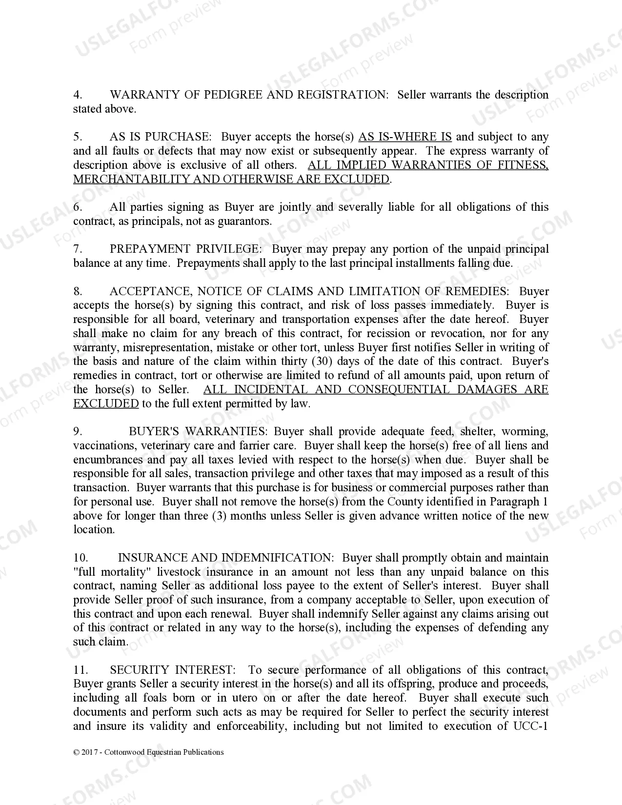 Preview Installment Purchase and Security Agreement Without Limited Warranties - Horse Equine Forms