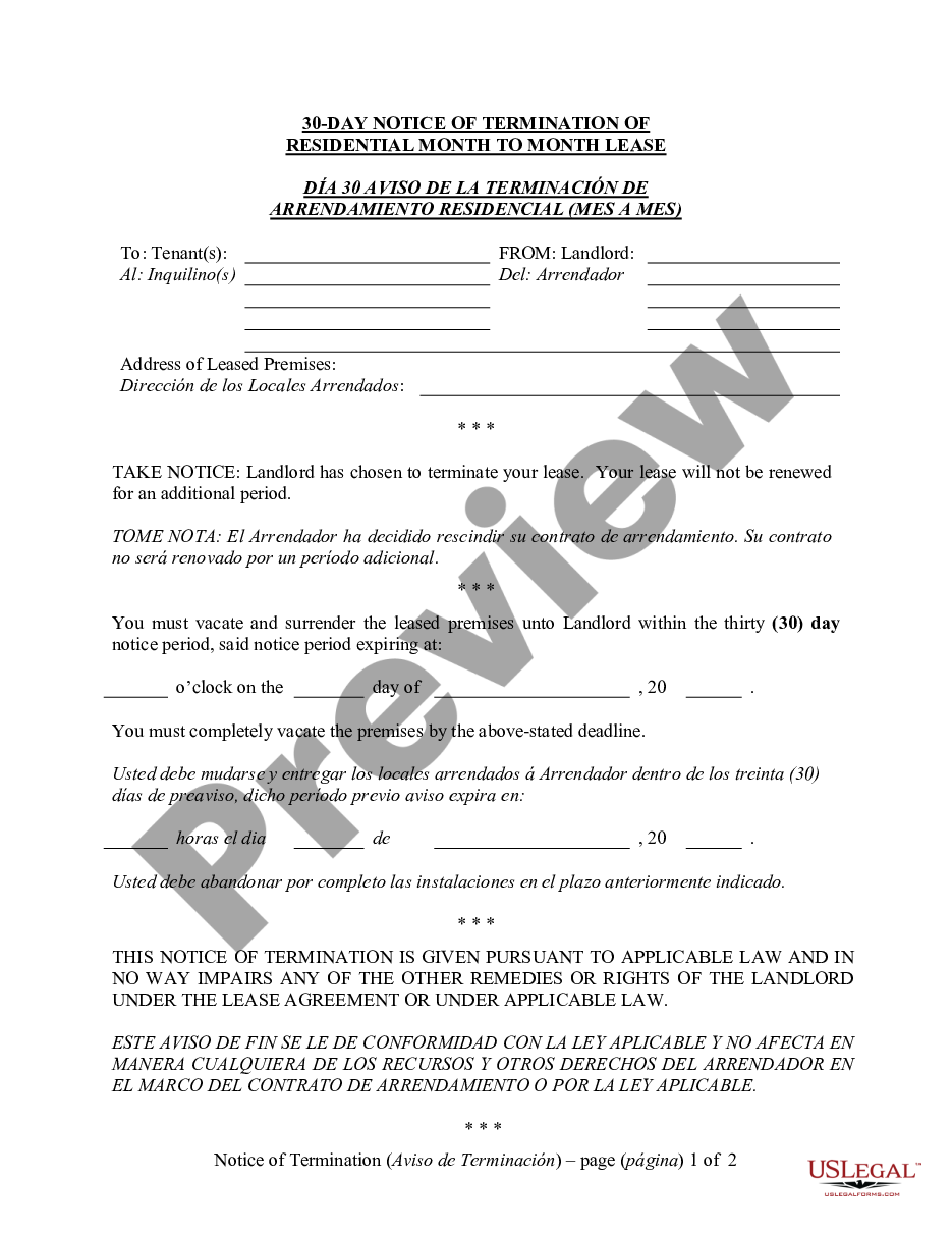 page 0 30 Day Notice to Terminate Month to Month Lease - Residential from Landlord to Tenant preview