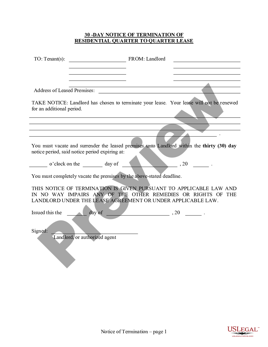 page 0 30 Day Notice to Terminate Quarter to Quarter Lease for Residential from Landlord to Tenant preview