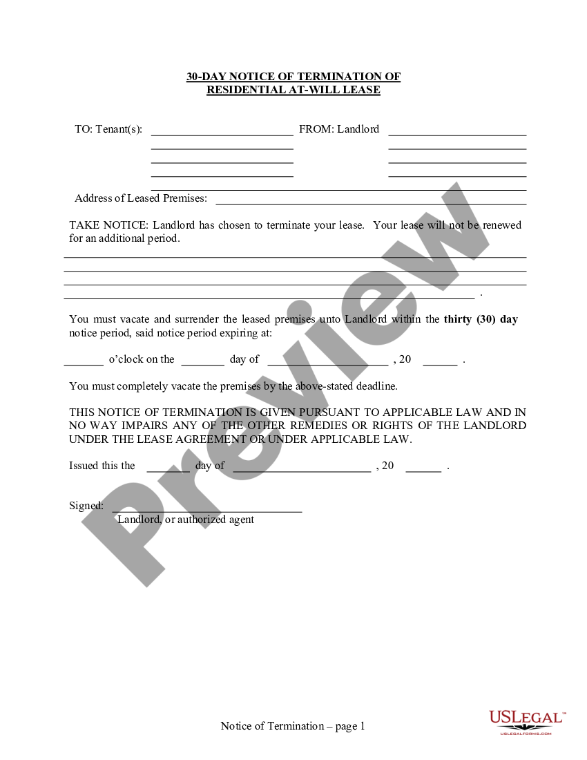 page 0 30 Day Notice to Terminate Tenancy at Will for Residential from Landlord to Tenant preview