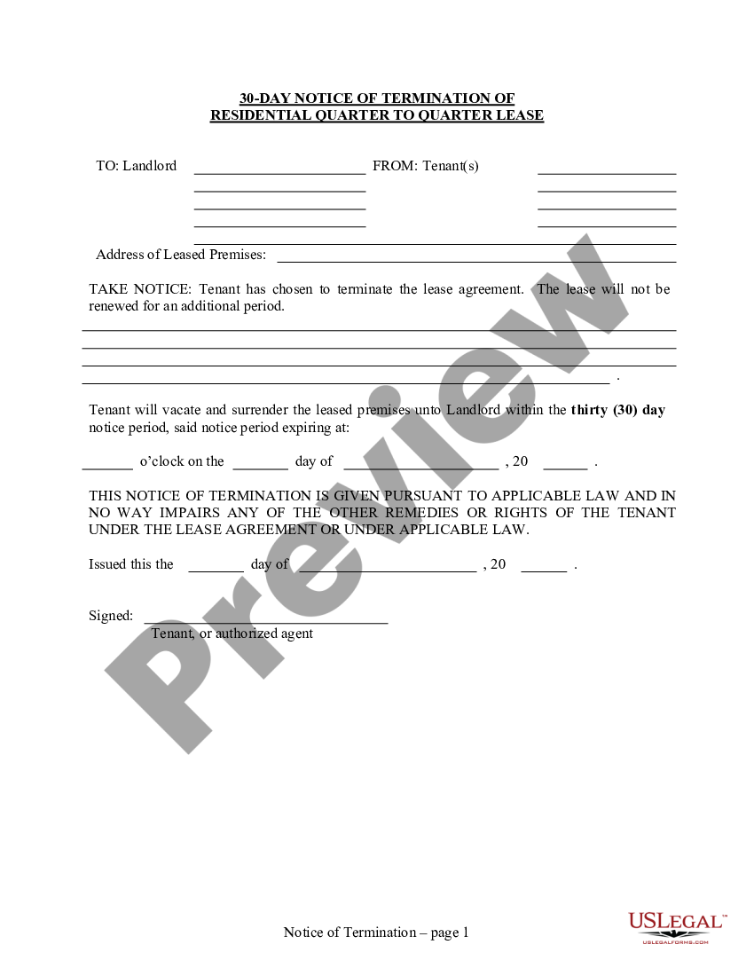 page 0 30 Day Notice to Terminate Quarter to Quarter Lease for Residential from Tenant to Landlord preview
