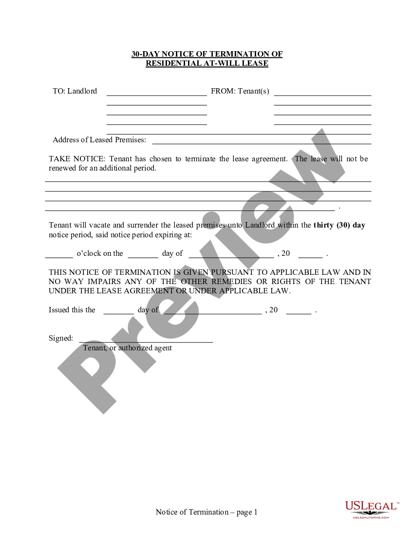 page 0 30 Day Notice to Terminate Tenancy at Will for Residential from Tenant to Landlord preview