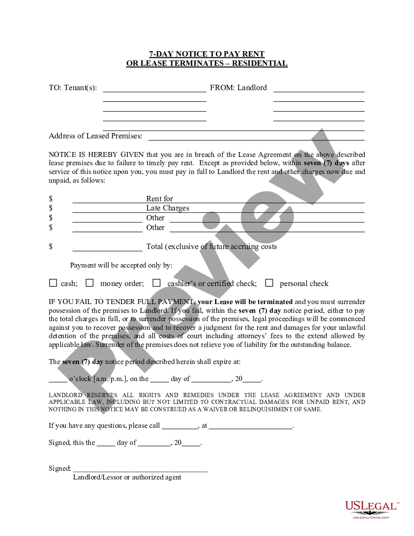 page 0 7 Day Notice to Pay Rent or Lease Terminates for Residential Property preview