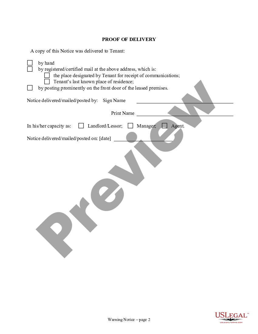 page 1 Notice of Default in Payment of Rent as Warning Prior to Demand to Pay or Terminate for Residential Property preview