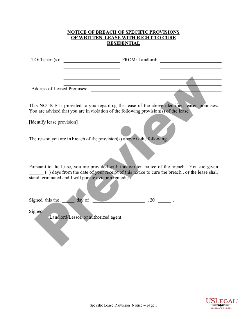 page 0 Notice of Breach of Written Lease for Violating Specific Provisions of Lease with Right to Cure for Residential Property from Landlord to Tenant preview