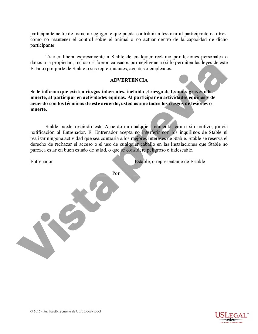 Preview Acuerdo de uso de las instalaciones del entrenador - Formularios equinos de caballos
