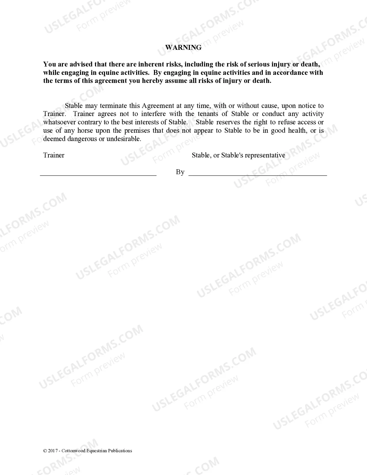 Preview Trainer's Facility Use Agreement - Horse Equine Forms