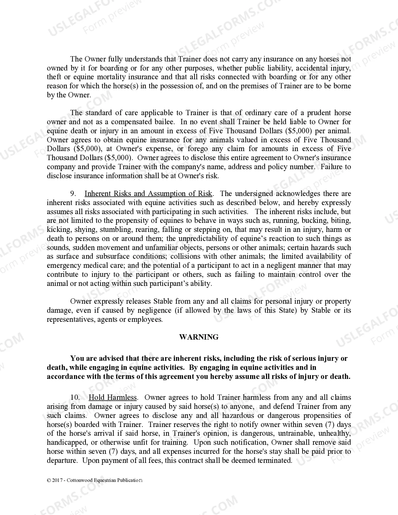 Preview Training Contract - Horse Equine Forms