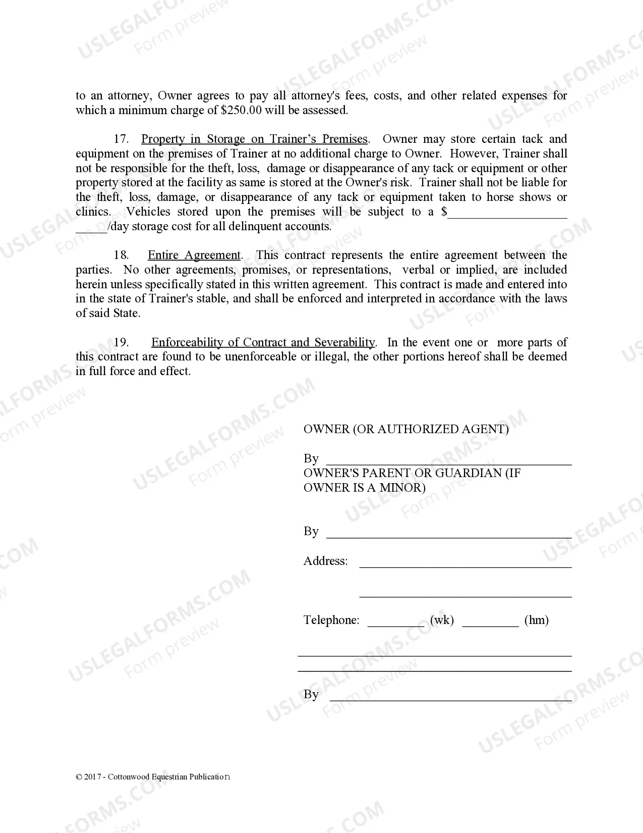 Preview Training Contract - Horse Equine Forms