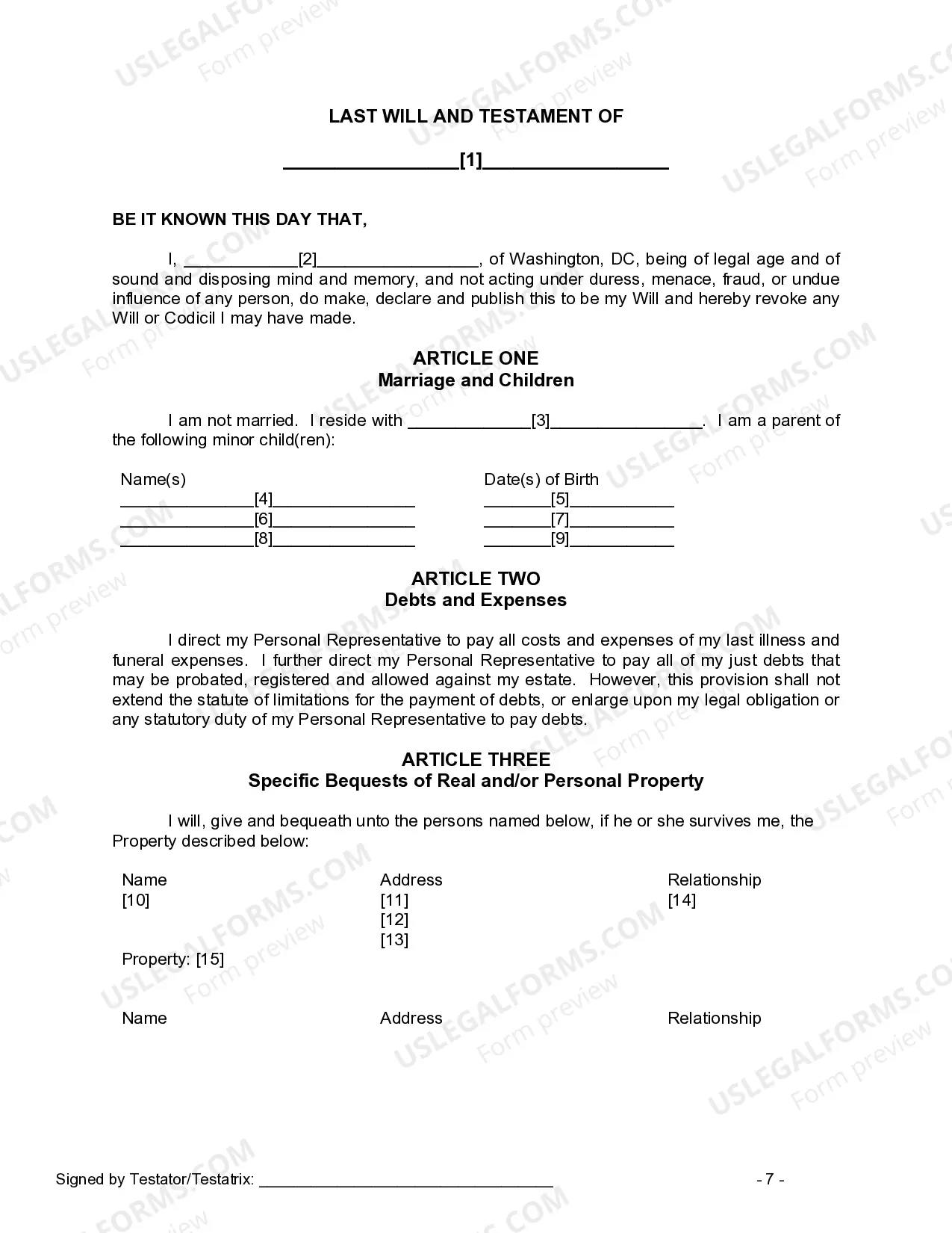 Preview Mutual Wills or Last Will and Testaments for Man and Woman living together, not Married with Minor Children