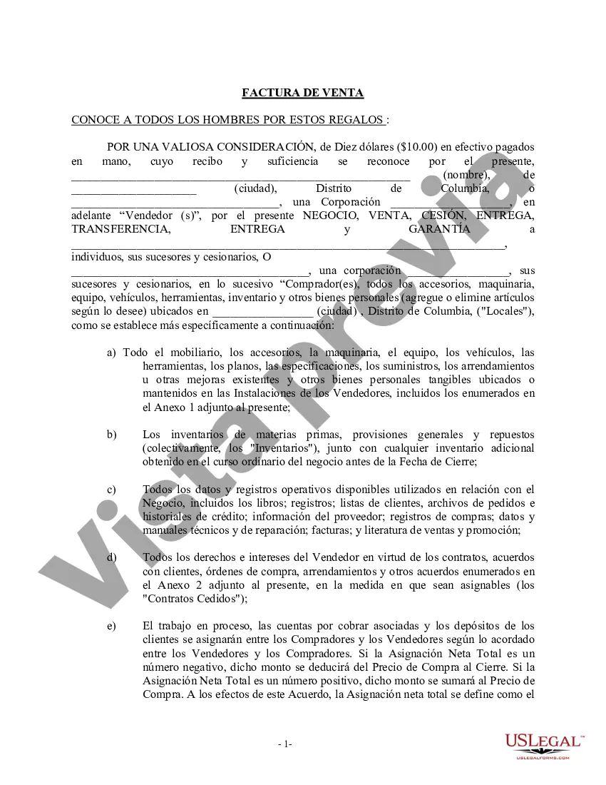 Preview Factura de venta en relación con la venta del negocio por parte del vendedor individual o corporativo