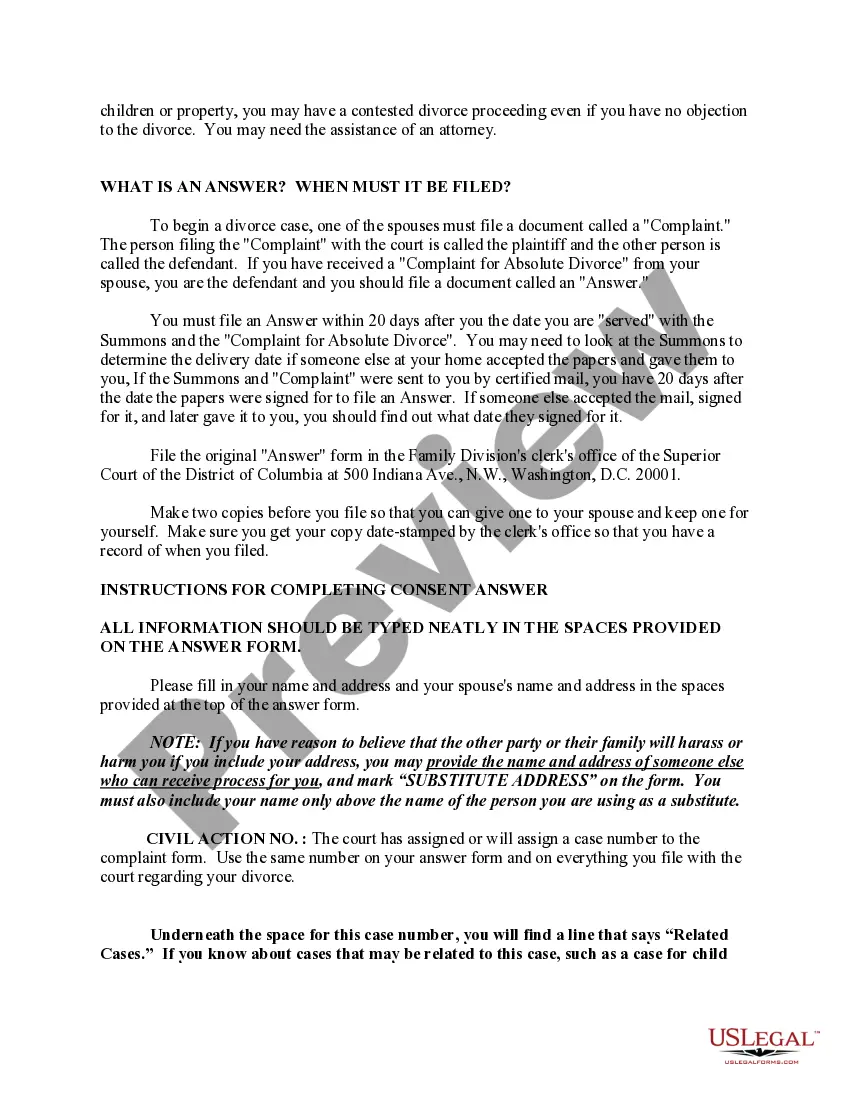 Preview Instructions for Completing A Consent Answer in an Uncontested Divorce