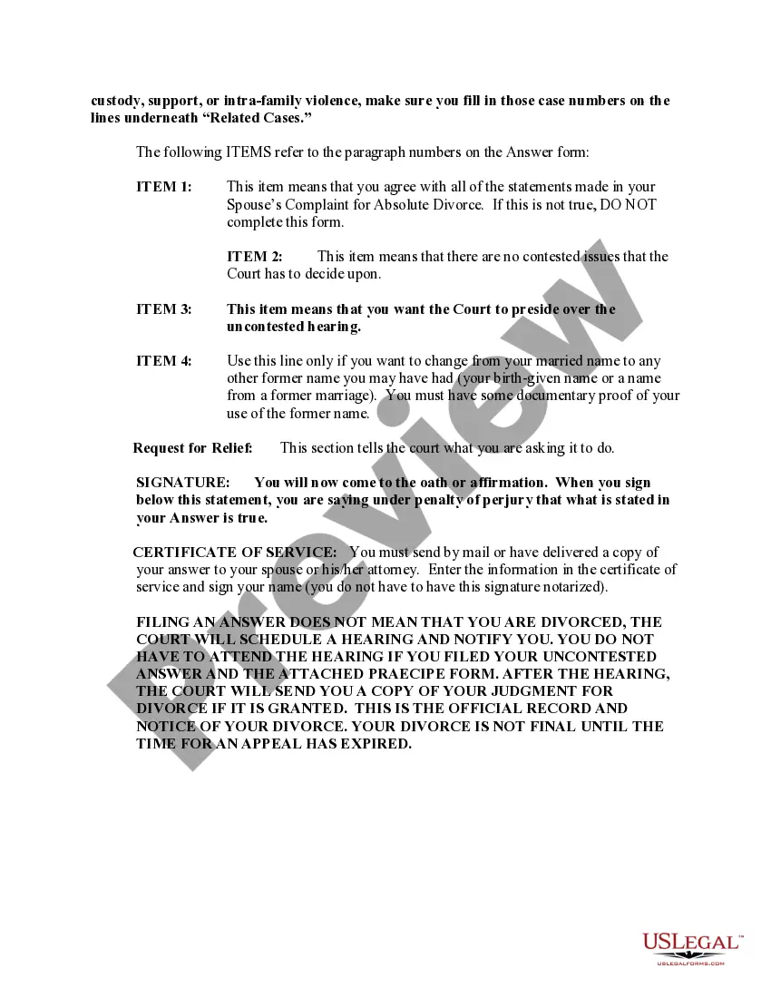 Preview Instructions for Completing A Consent Answer in an Uncontested Divorce