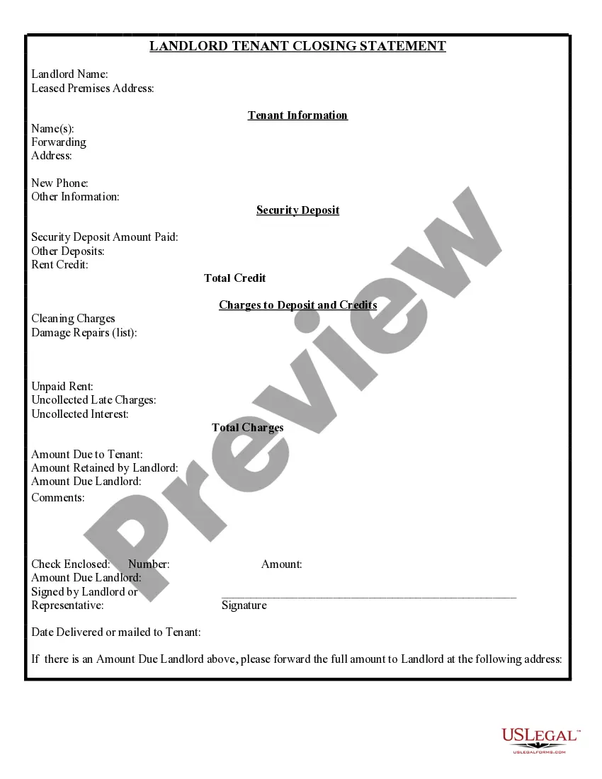 Preview Landlord Tenant Closing Statement to Reconcile Security Deposit