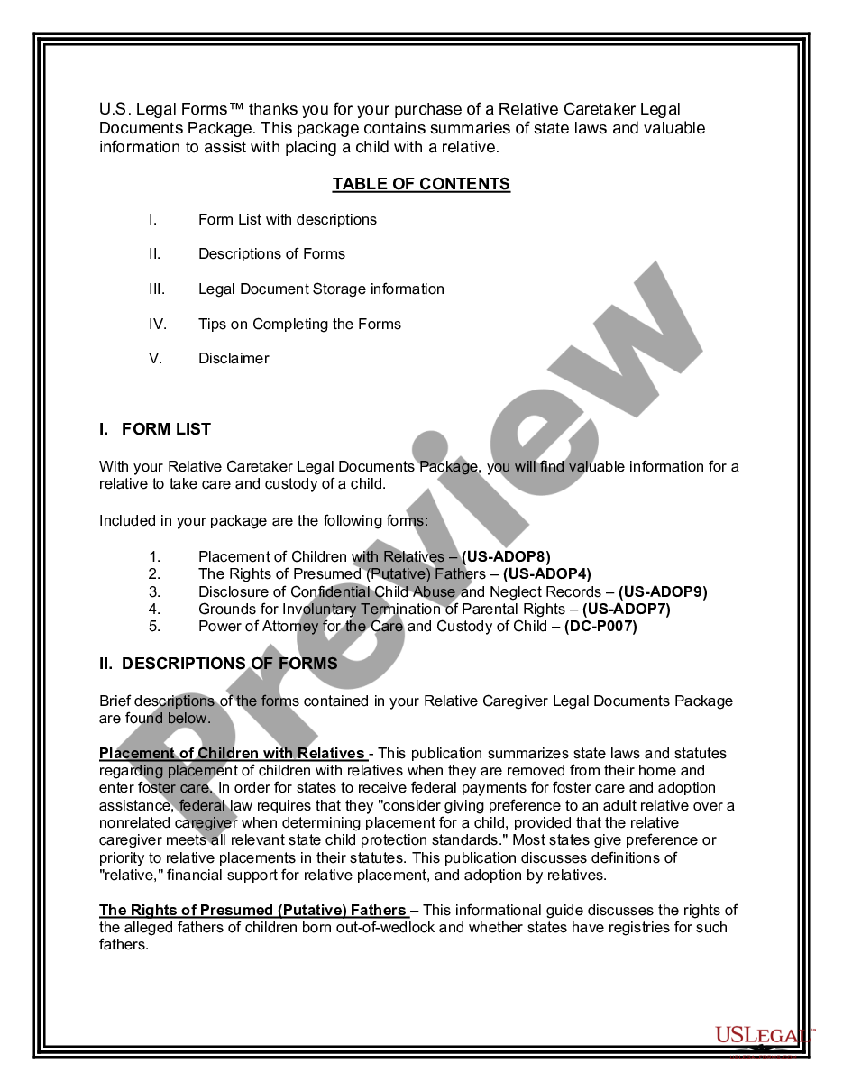 page 1 District of Columbia Relative Caretaker Legal Documents Package preview