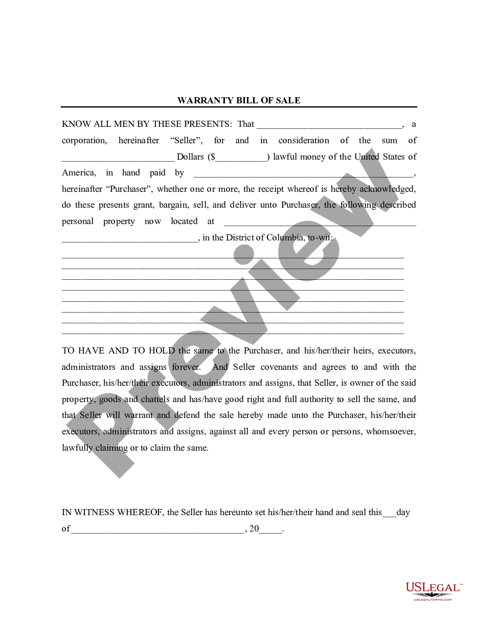 page 0 Bill of Sale with Warranty for Corporate Seller preview