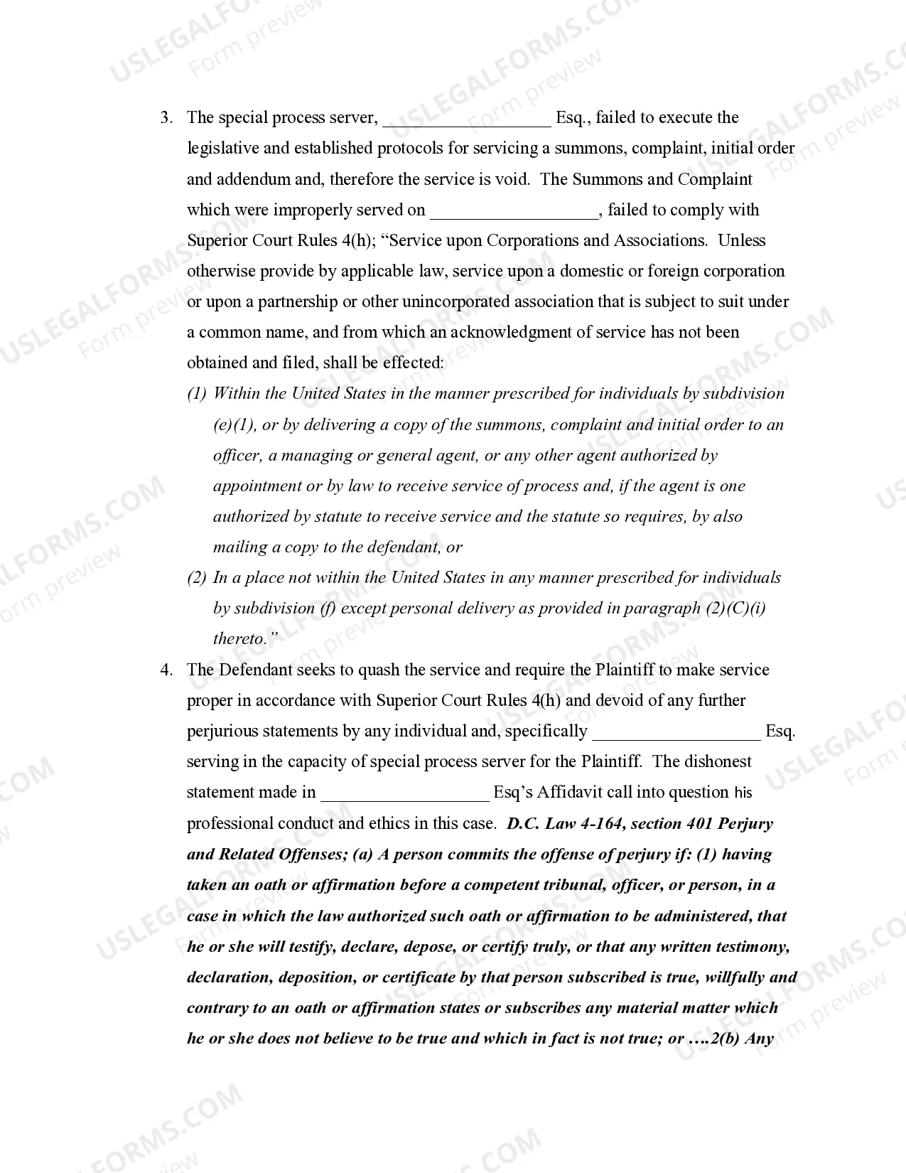 Preview Motion to Quash Service of Process