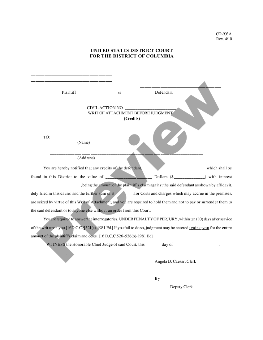 District of Columbia Writ of Attachment Before Judgment - Credits | US ...