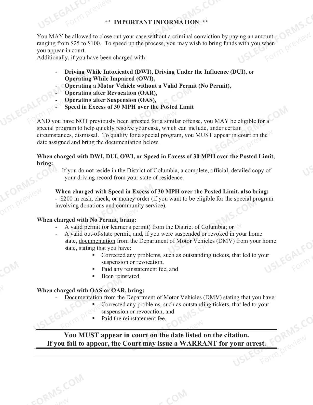 Preview Citation to Appear in Court