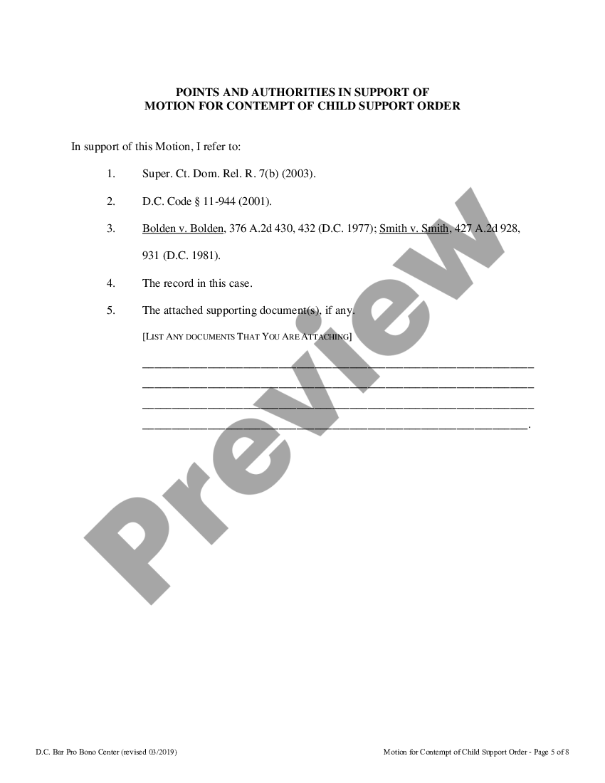 District of Columbia Motion for Contempt of Child Support Order US