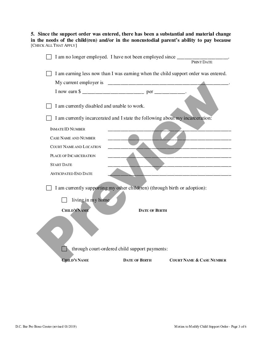 District of Columbia Motion to Modify Child Support Order US Legal Forms