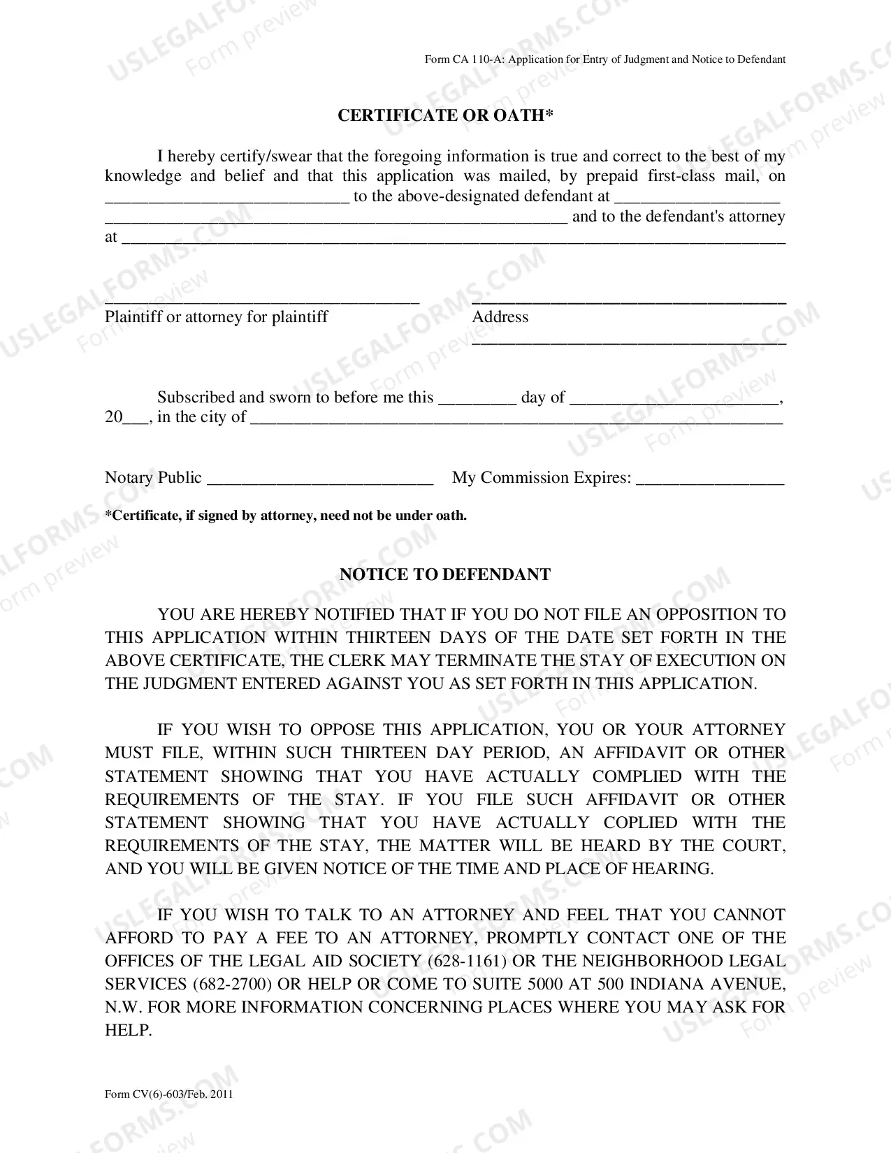 Preview Application for Entry of Judgment And Notice to Defendant - Form CA 110-A