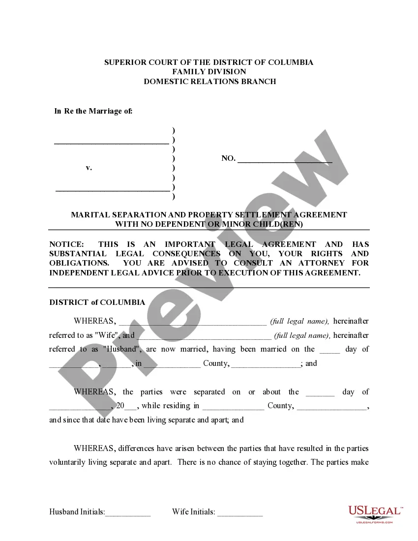 Get Marital Legal Separation and Property Settlement Agreement for persons with No Children, No Joint Property or Debts where Divorce Action Filed Preview Marital Legal Separation and Property Settlement Agreement for persons with No Children, No Joint Property or Debts where Divorce Action Filed
