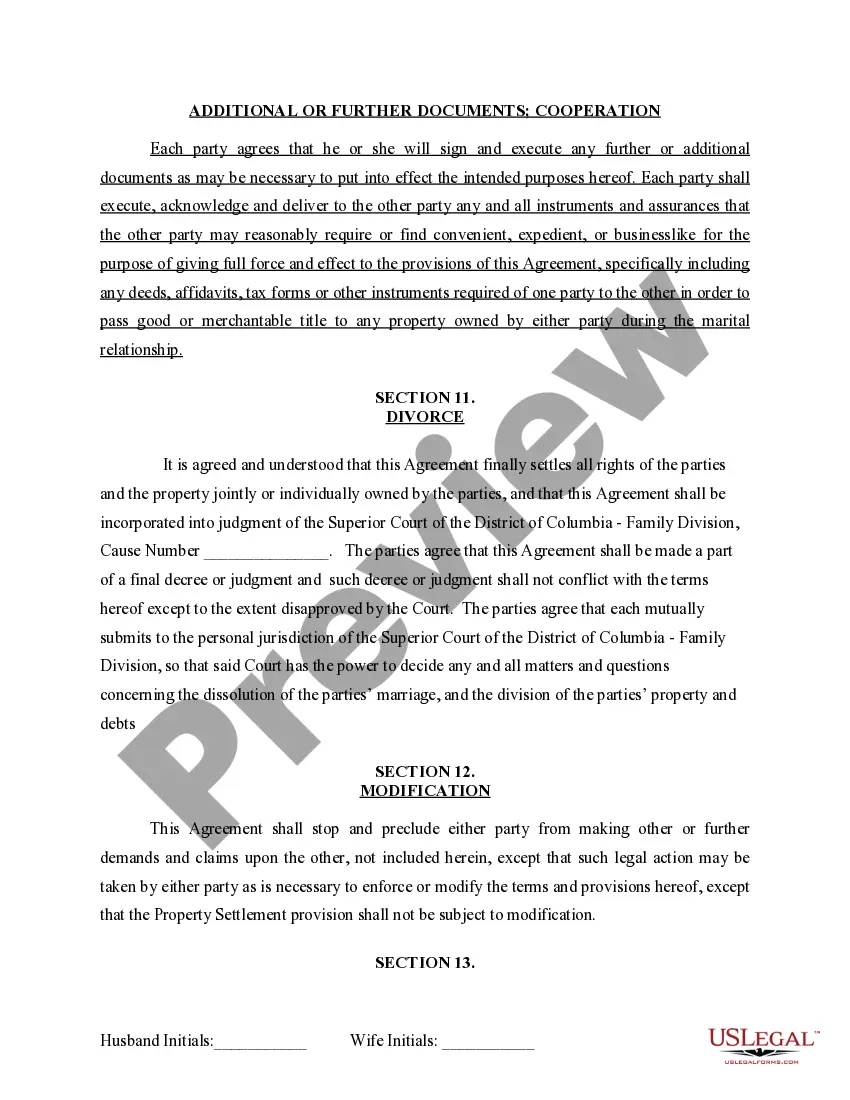 Get Marital Legal Separation and Property Settlement Agreement for persons with No Children, No Joint Property or Debts where Divorce Action Filed Preview Marital Legal Separation and Property Settlement Agreement for persons with No Children, No Joint Property or Debts where Divorce Action Filed