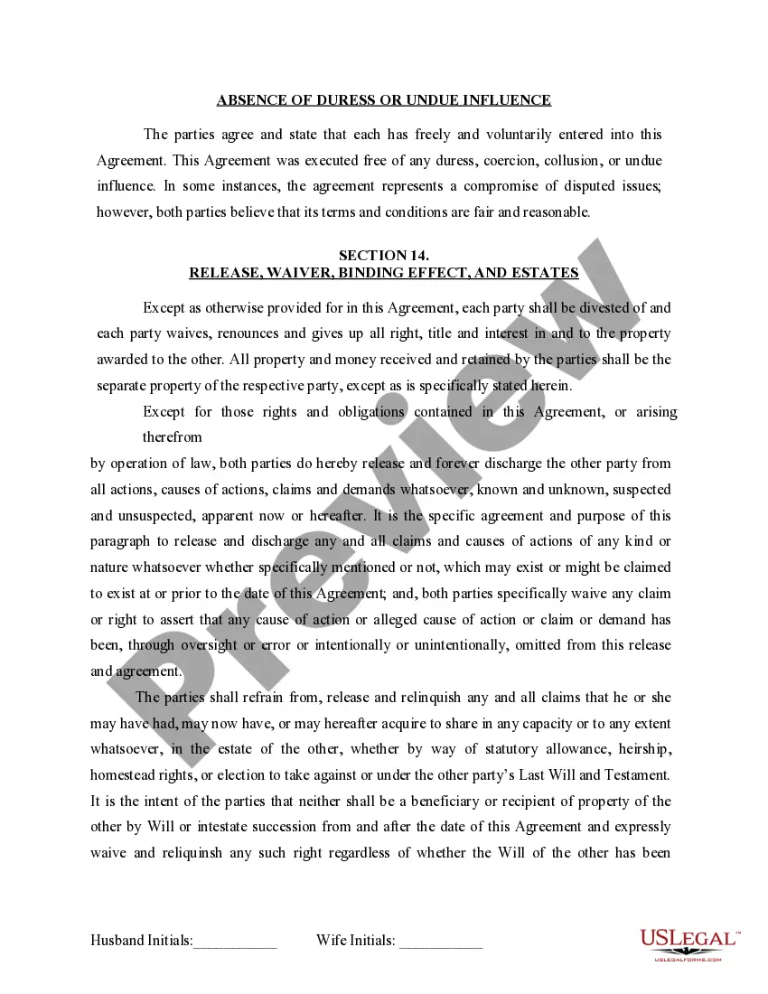 Get Marital Legal Separation and Property Settlement Agreement for persons with No Children, No Joint Property or Debts where Divorce Action Filed Preview Marital Legal Separation and Property Settlement Agreement for persons with No Children, No Joint Property or Debts where Divorce Action Filed