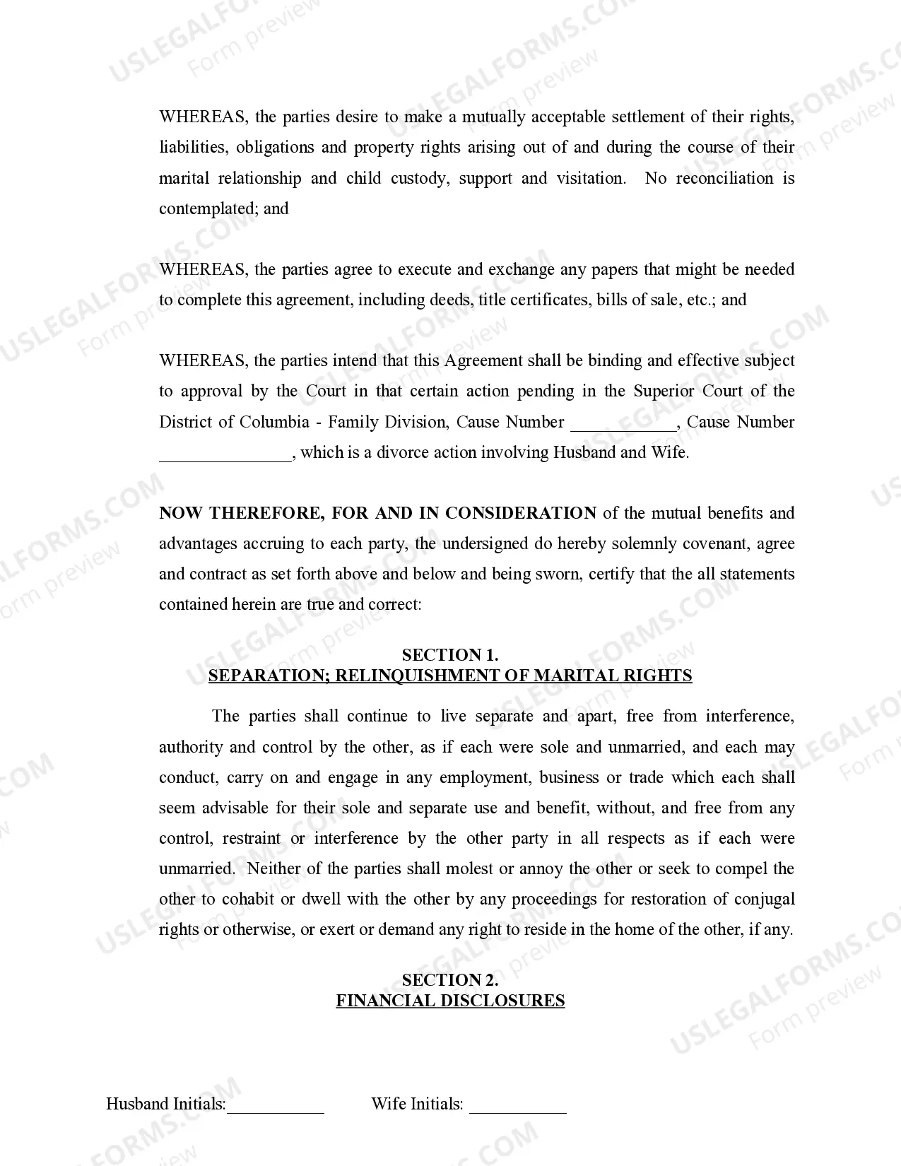 Preview Marital Legal Separation and Property Settlement Agreement Minor Children no Joint Property or Debts where Divorce Action Filed