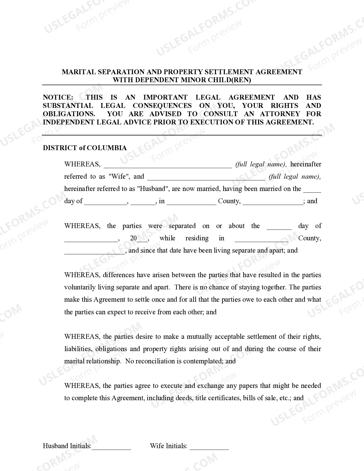 Preview Marital Legal Separation and Property Settlement Agreement Minor Children no Joint Property or Debts effective Immediately