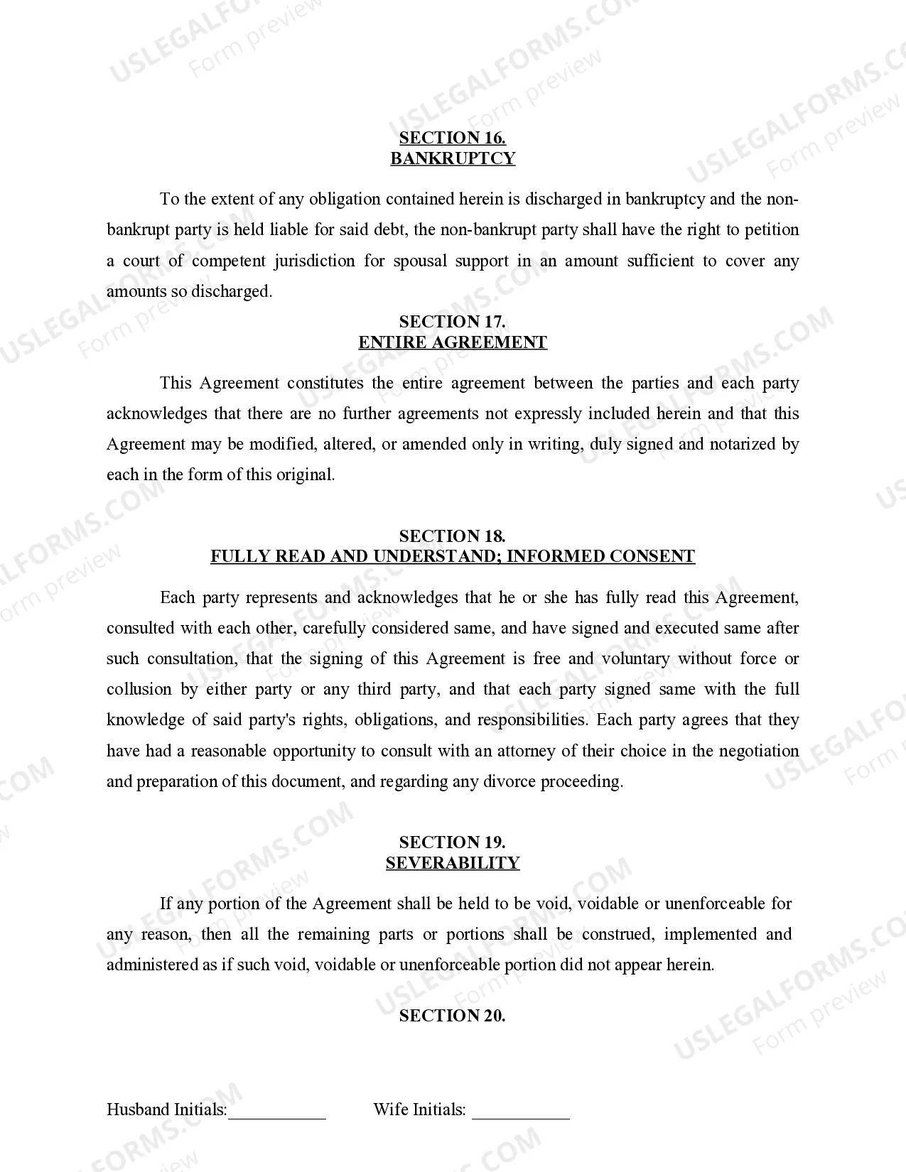 Preview Marital Legal Separation and Property Settlement Agreement for persons with no Children, no Joint Property, or Debts Effective Immediately