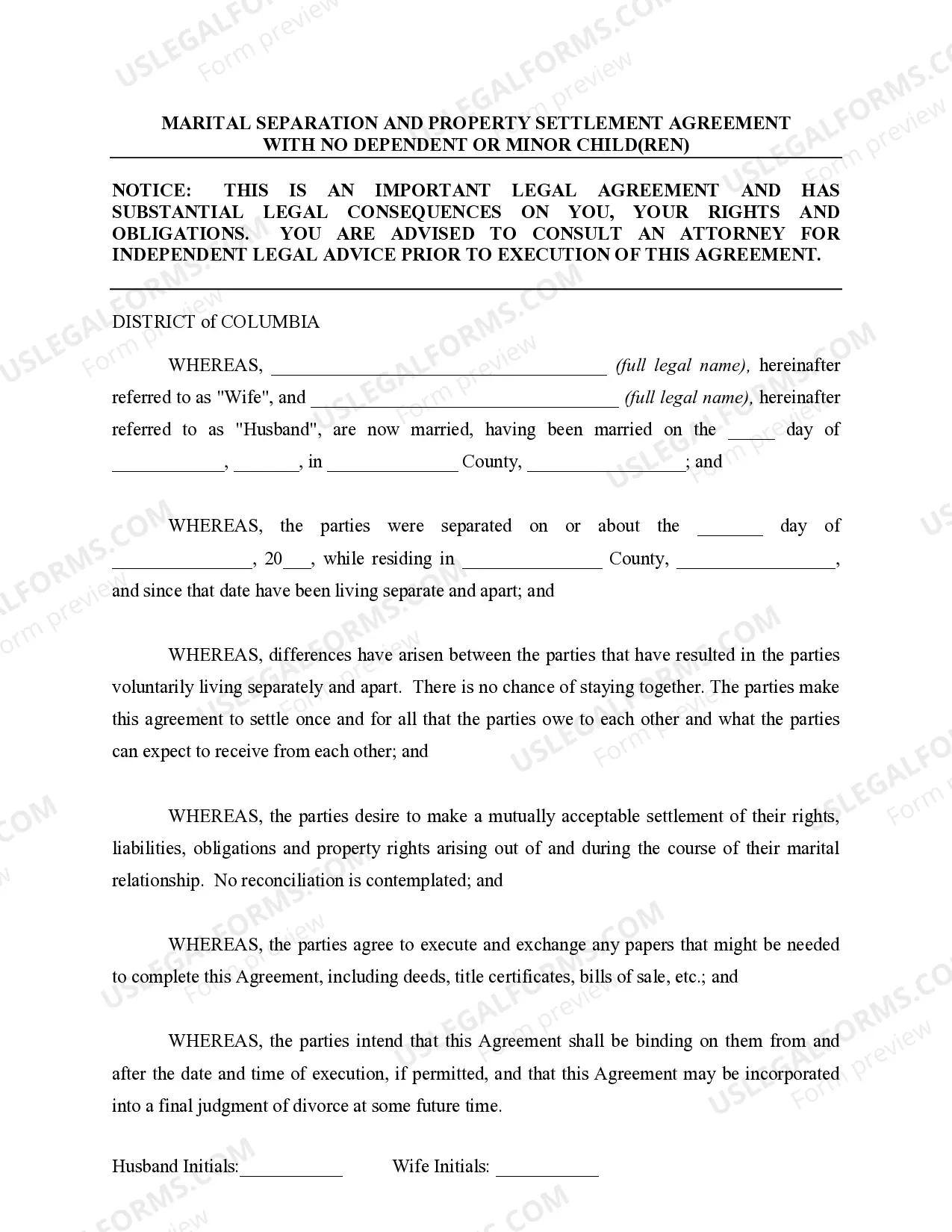 Preview Marital Legal Separation and Property Settlement Agreement for persons with no Children, no Joint Property, or Debts Effective Immediately