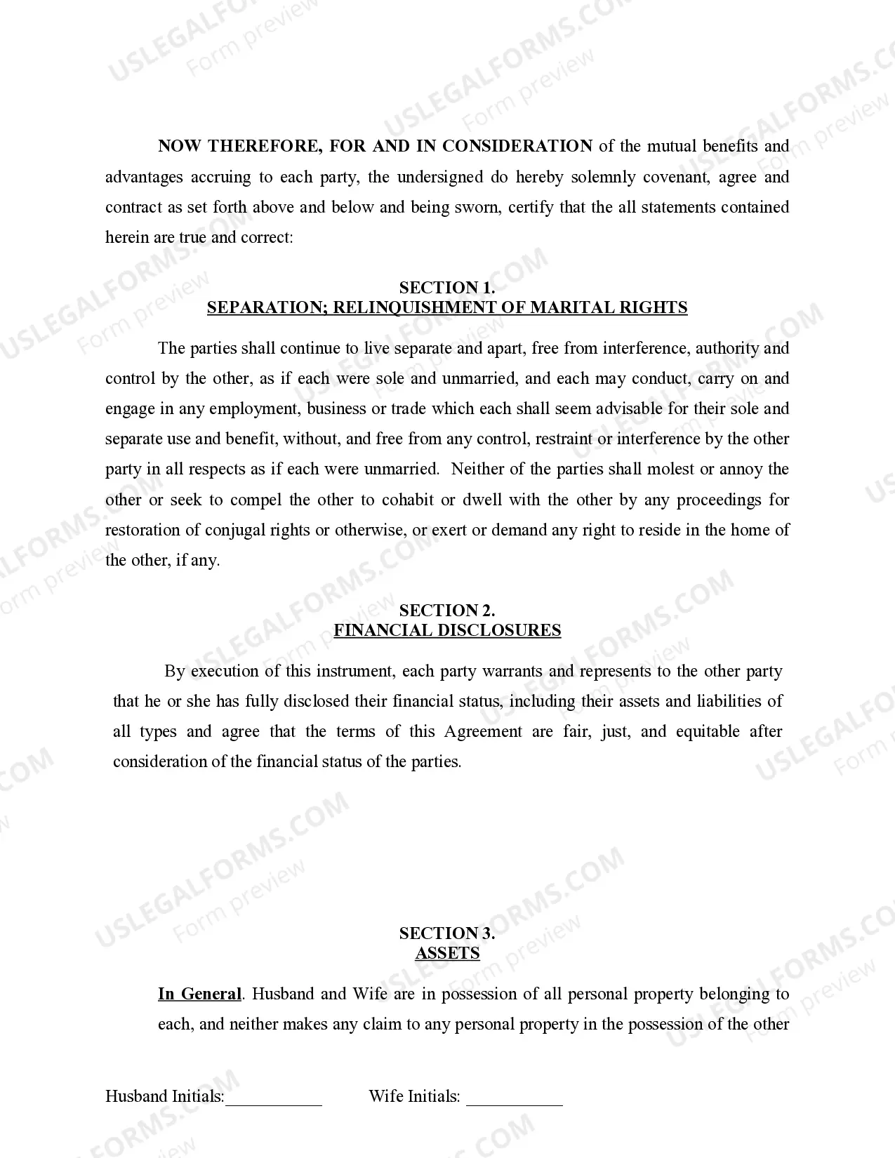 Preview Marital Legal Separation and Property Settlement Agreement for persons with no Children, no Joint Property, or Debts Effective Immediately